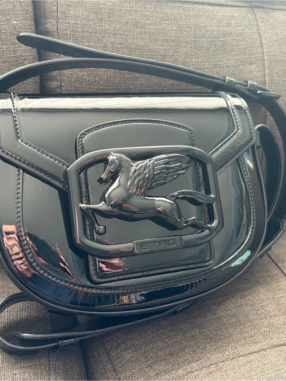 Etro Black Patent Leather Crossbody Bag with Pegasus Emblem
